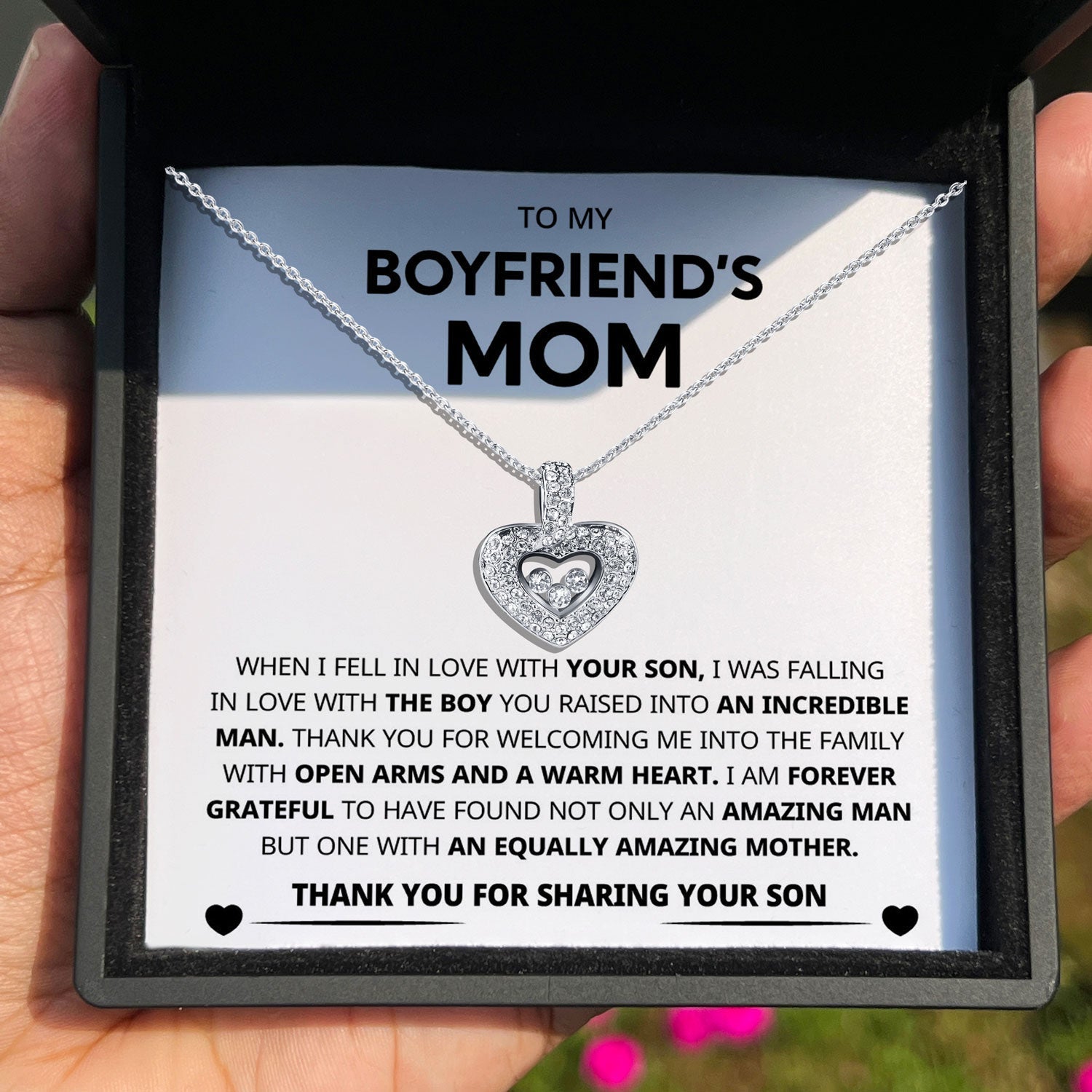 To My Boyfriend's Mom - Thank You For Sharing Your Son - Tryndi Floating Heart Necklace Elsy Style Necklaces