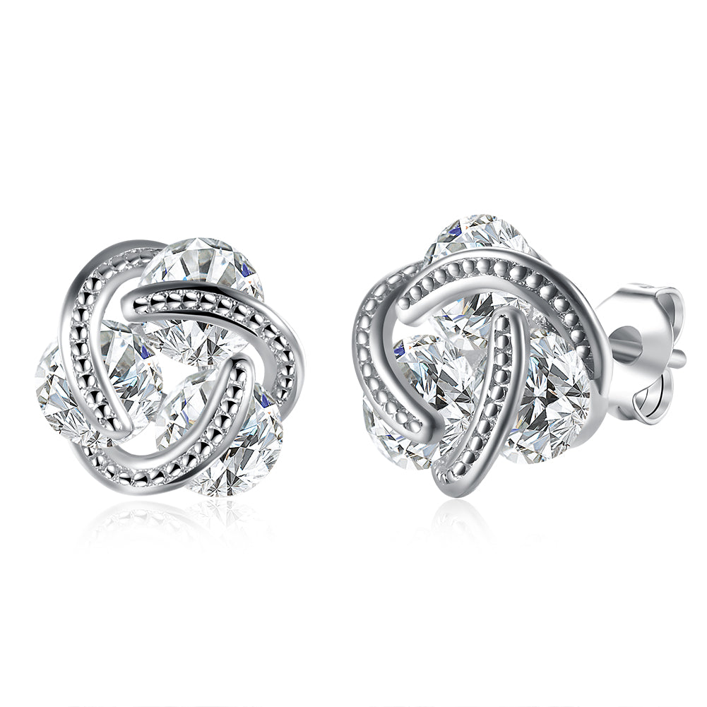 Triple Stone Knot Stud Earring in 18K White Gold Plated with  Crystals Elsy Style Earring