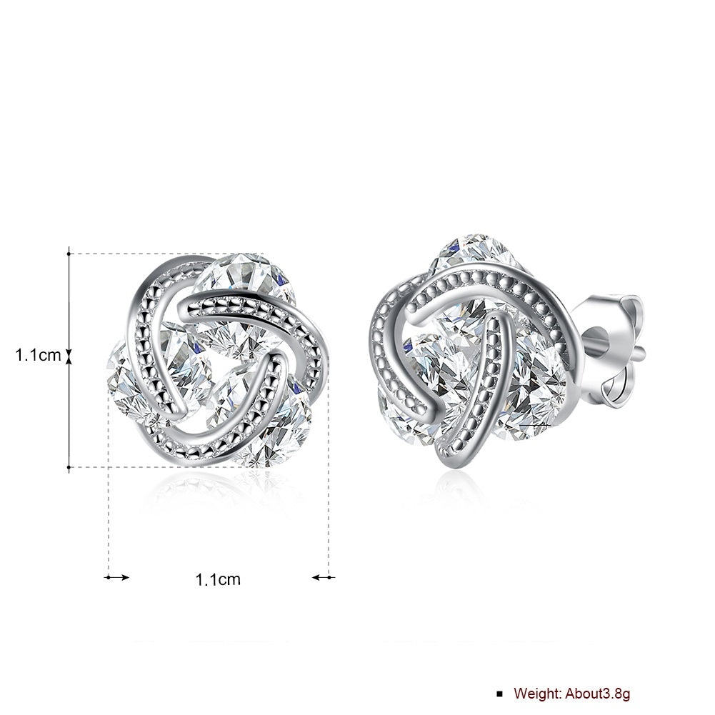 Triple Stone Knot Stud Earring in 18K White Gold Plated with  Crystals Elsy Style Earring