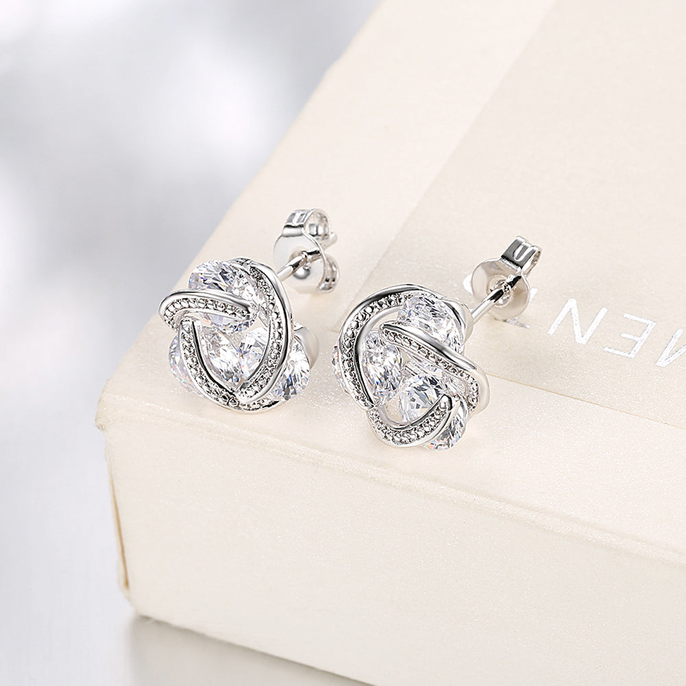 Triple Stone Knot Stud Earring in 18K White Gold Plated with  Crystals Elsy Style Earring