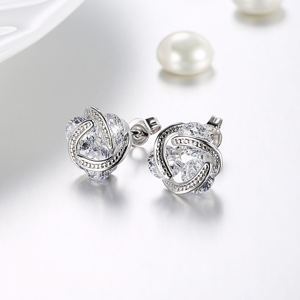 Triple Stone Knot Stud Earring in 18K White Gold Plated with  Crystals Elsy Style Earring