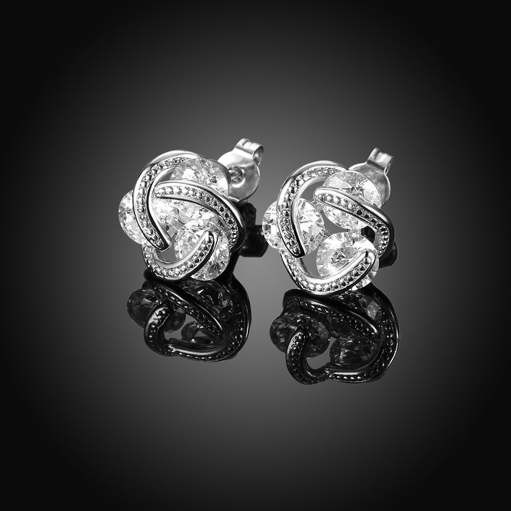 Triple Stone Knot Stud Earring in 18K White Gold Plated with  Crystals Elsy Style Earring