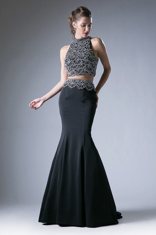 Two Piece Fitted Evening & Formal Gown Halter Beaded Top Mikado Beaded Mermaid Skirt Unique Embroidered Prom Look CD11574 Elsy Style Prom Dress