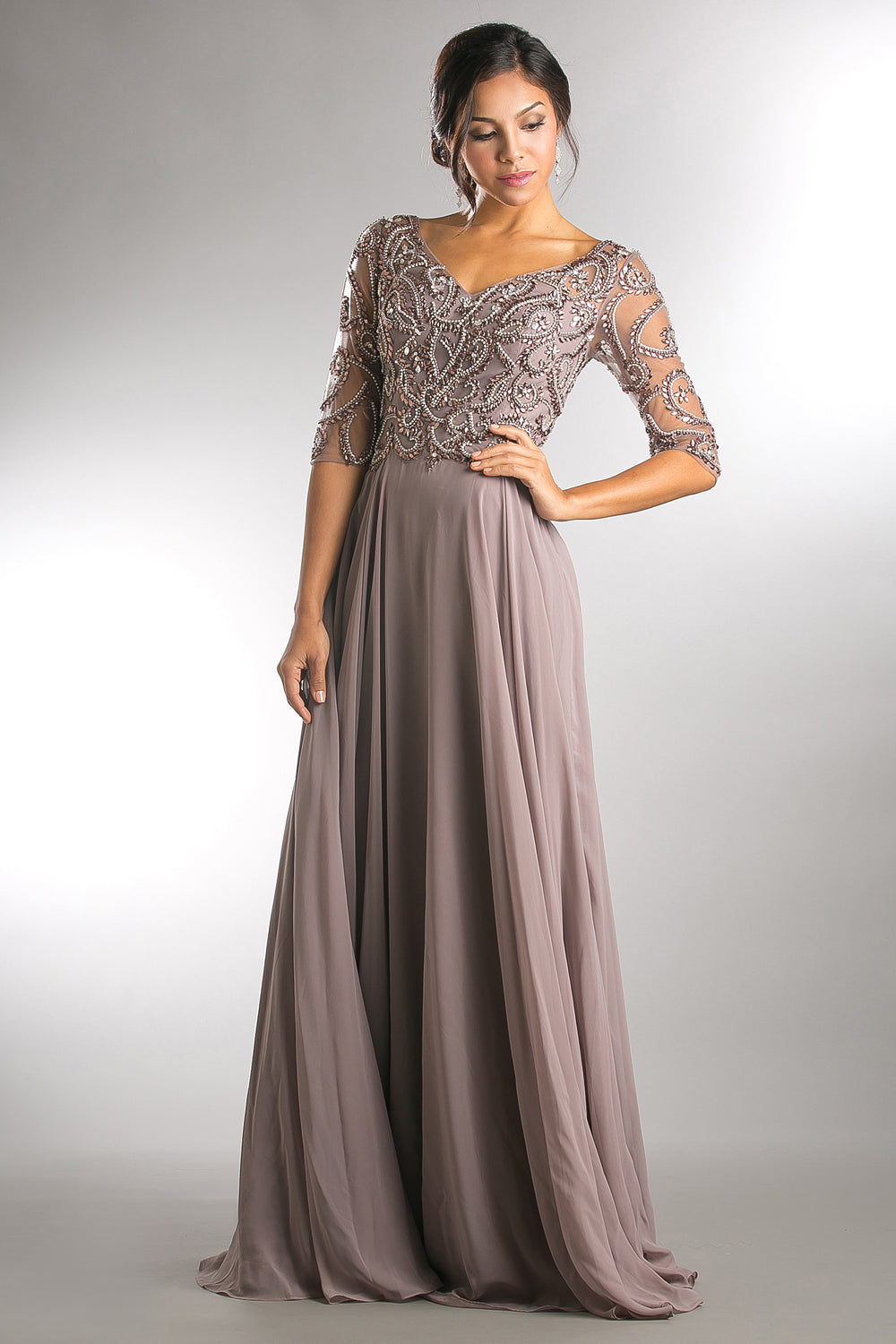 V-Neck 3/4 Sleeves Embroidered Bodice Long Mother Of The Bride Dress AC746 Elsy Style Mother of the Bride Dress