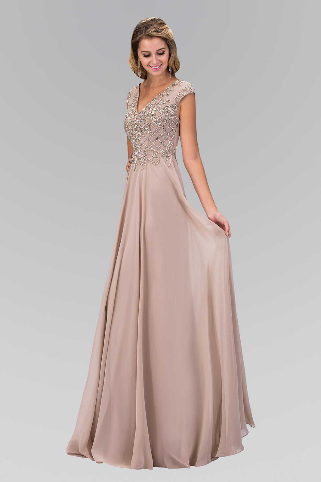 V-Neck Chiffon Floor Length Dress with Jewel Embellished Bodice GLGL2119 Elsy Style PROM