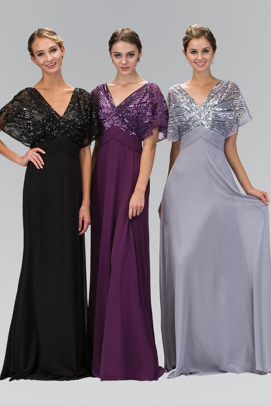 V-Neck Chiffon Long Dress with Sequin Bodice GLGL1145 Elsy Style MOTHER OF BRIDE