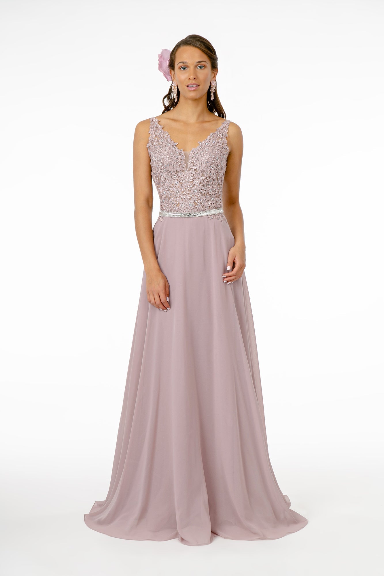 V-Neck Embroidered-Bodice Chiffon Long Dress GLGL2653 Elsy Style PROM