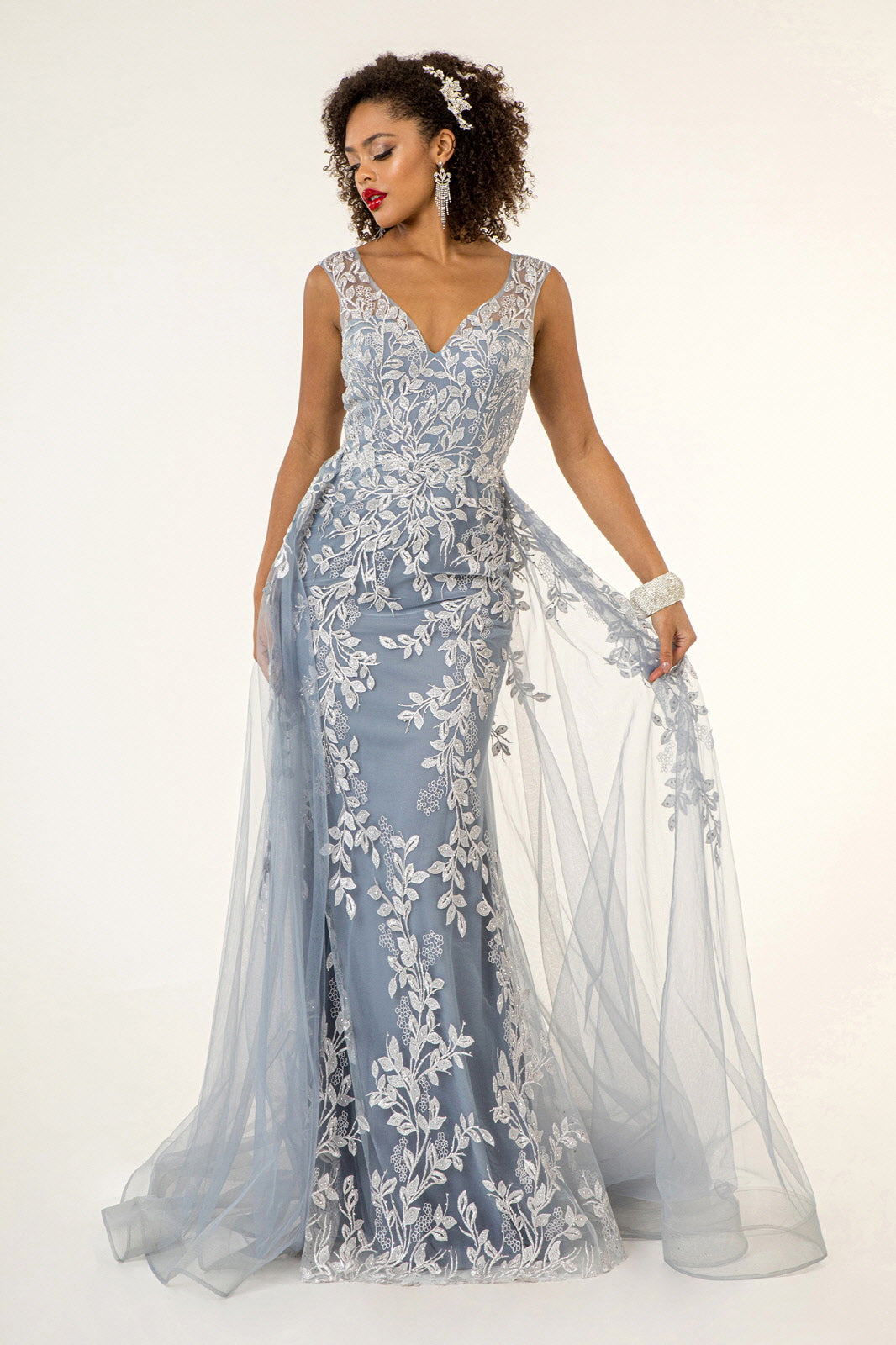 V-Neck Floral Embroidery Embellished Mesh A-Line Dress w/ Sheer Back - Mask Not Included GLGL1920 Elsy Style GALA