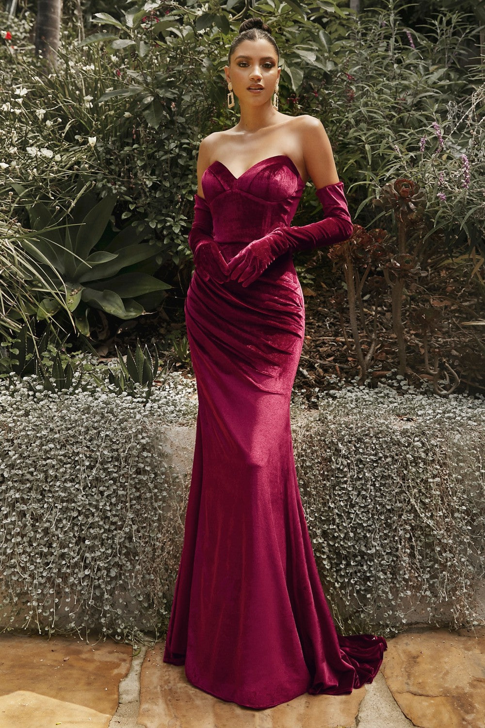 Velvet Strapless Fitted Long Evening Gown With Gloves CDCH176 Elsy Style Evening Dress