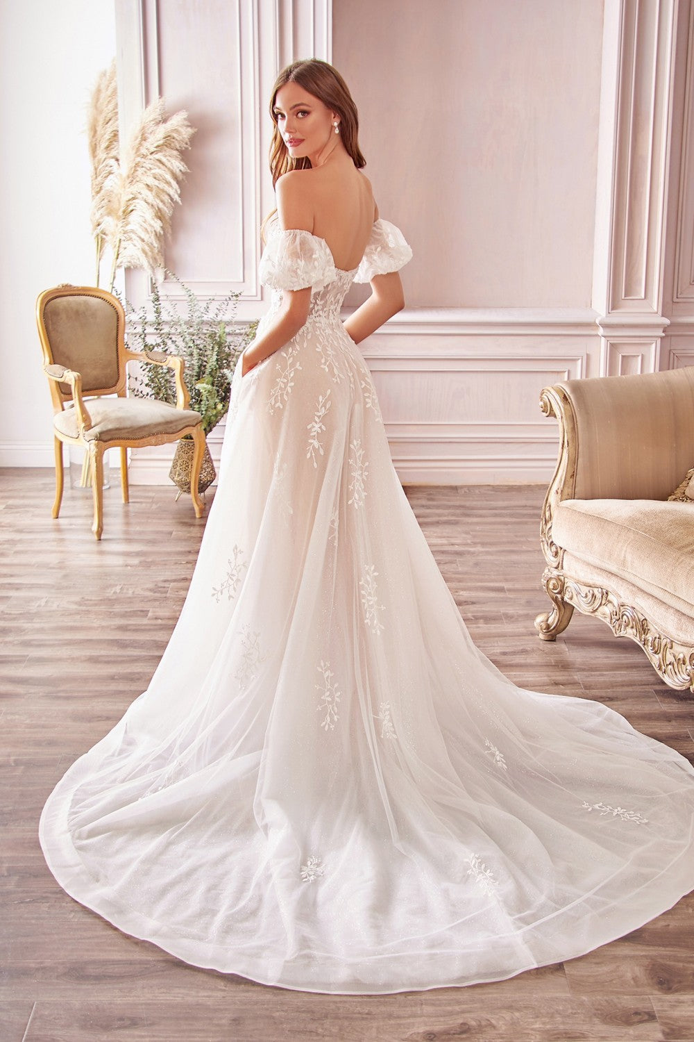 Willow Bridal Gown Embroidered Long Wedding Dress Laced Mid Open Back Elongated Vintage Hem Tail Puff Detached Sleeves CDA1014 Elsy Style Wedding Dress