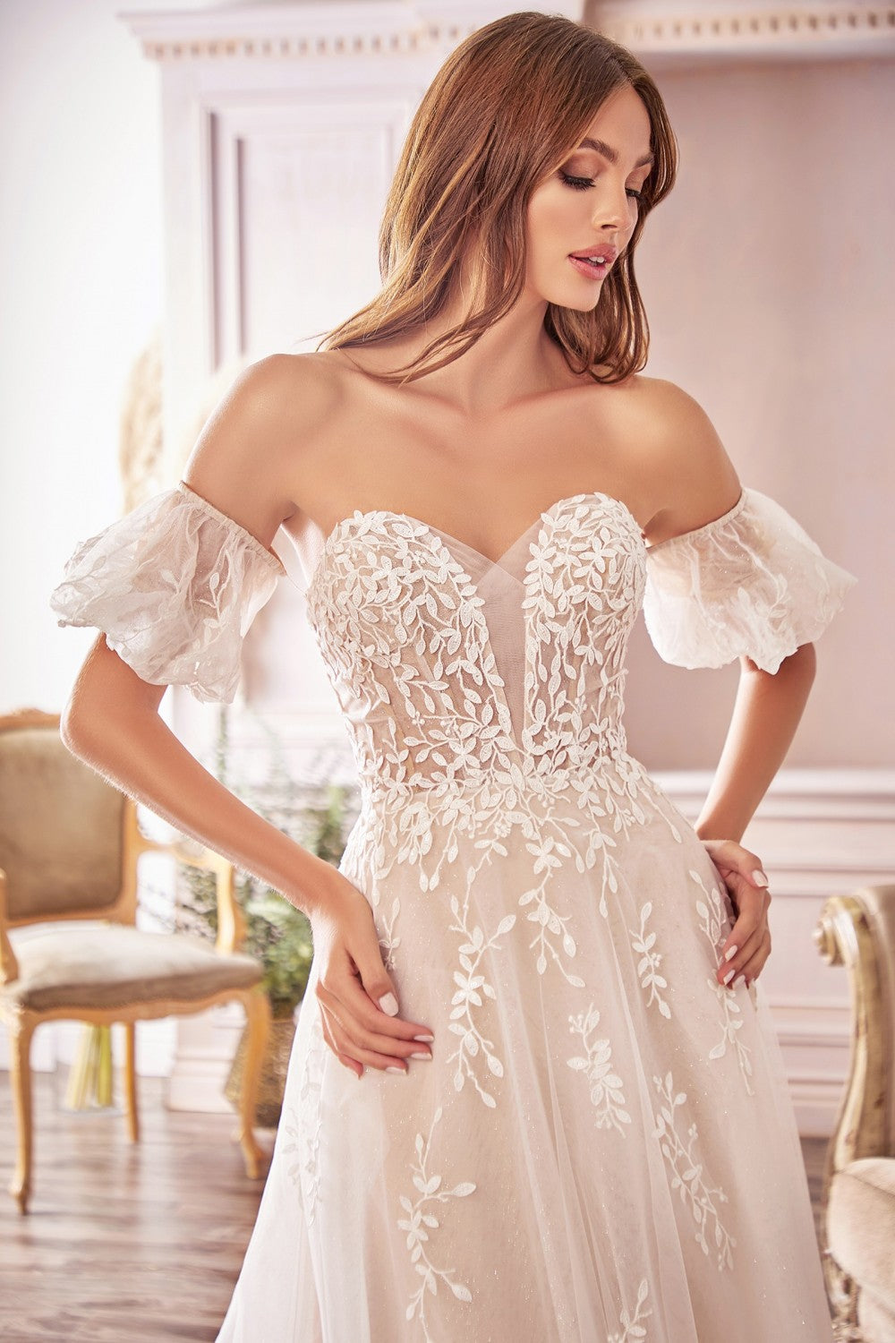 Willow Bridal Gown Embroidered Long Wedding Dress Laced Mid Open Back Elongated Vintage Hem Tail Puff Detached Sleeves CDA1014 Elsy Style Wedding Dress