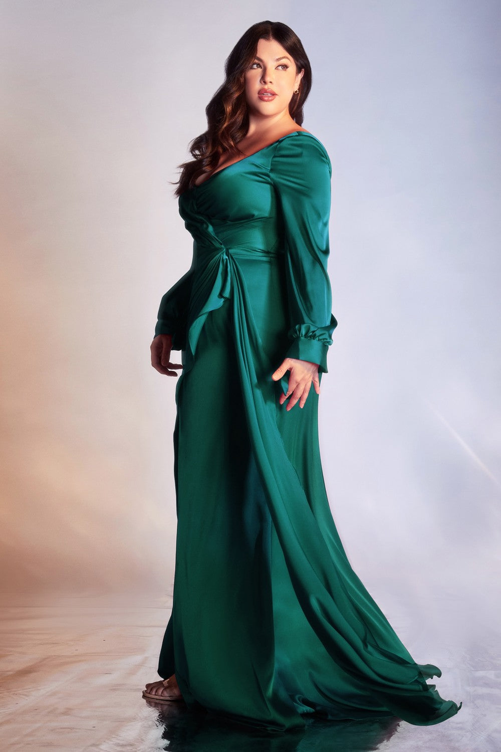 Wrap-Effect Fashion Long Sleeve Satin Plus Size Gown Floor-Length Skirt with a Leg Slit Gala Curve Luxury Formal Evening Dress CD7478C Elsy Style Evening Dress