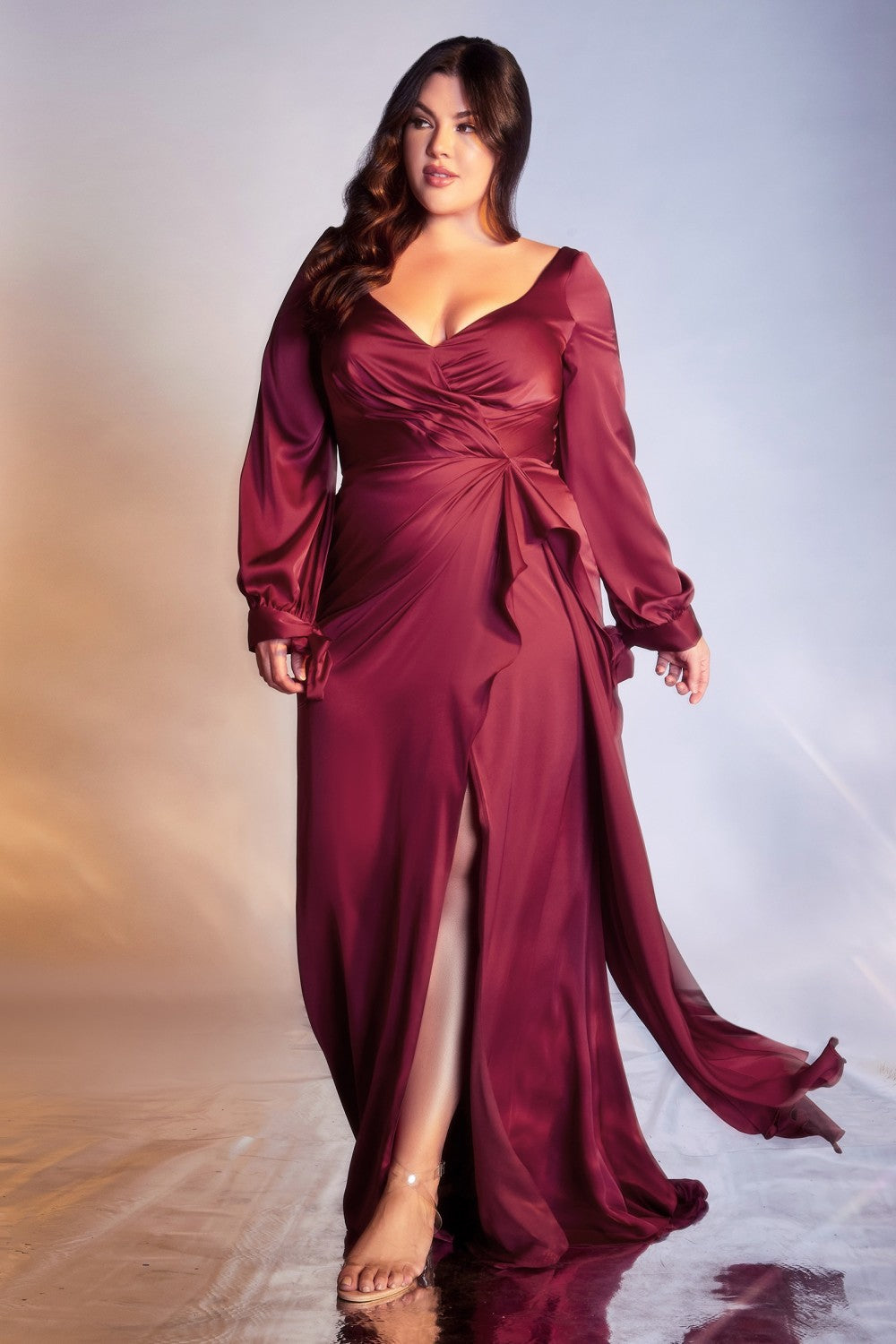 Wrap-Effect Fashion Long Sleeve Satin Plus Size Gown Floor-Length Skirt with a Leg Slit Gala Curve Luxury Formal Evening Dress CD7478C Elsy Style Evening Dress