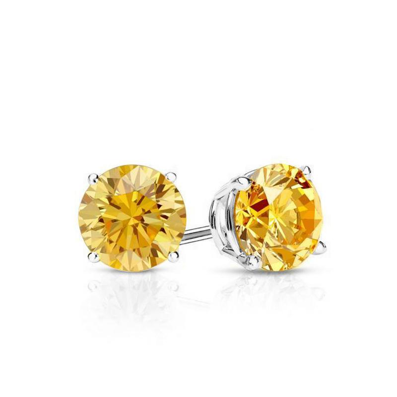 Yellow Stone Embellished with  Crystals 7mm Stud Earringin 18K White Gold Plated Elsy Style Earring