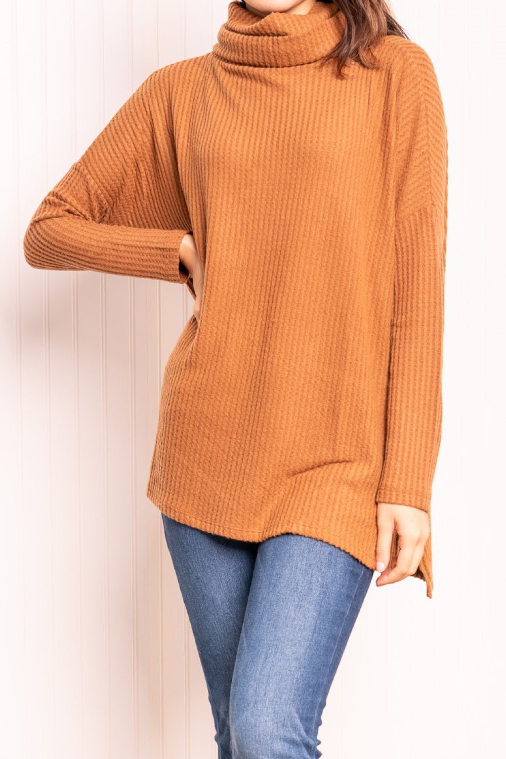 Zenana Full Size Waffle-Knit Side Slit Cowl Neck Knit Pullover in Deep Camel Elsy Style Tops