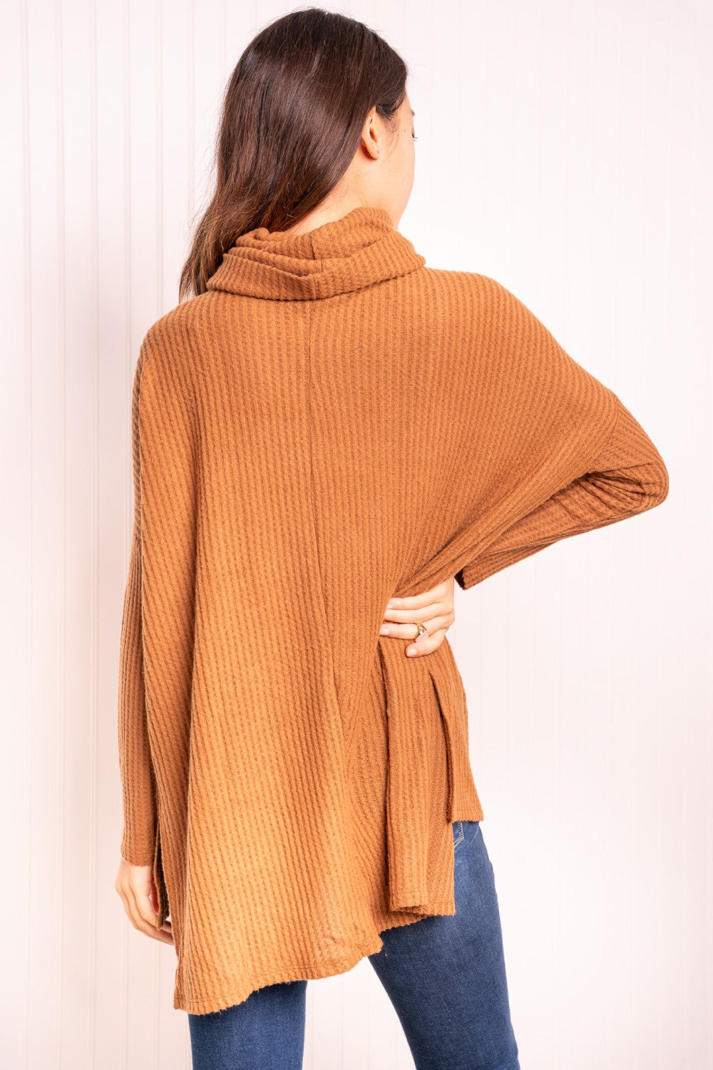 Zenana Full Size Waffle-Knit Side Slit Cowl Neck Knit Pullover in Deep Camel Elsy Style Tops