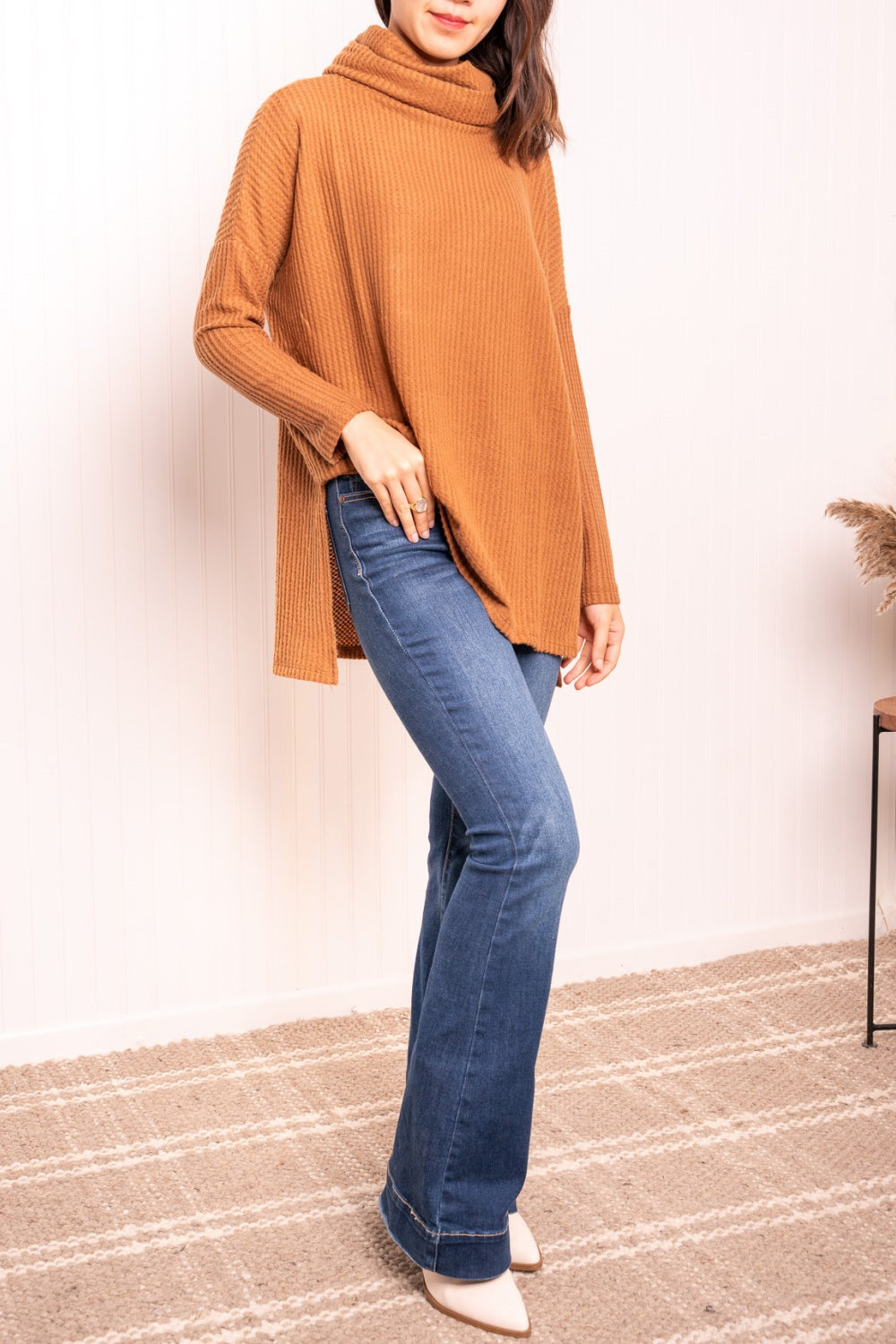 Zenana Full Size Waffle-Knit Side Slit Cowl Neck Knit Pullover in Deep Camel Elsy Style Tops