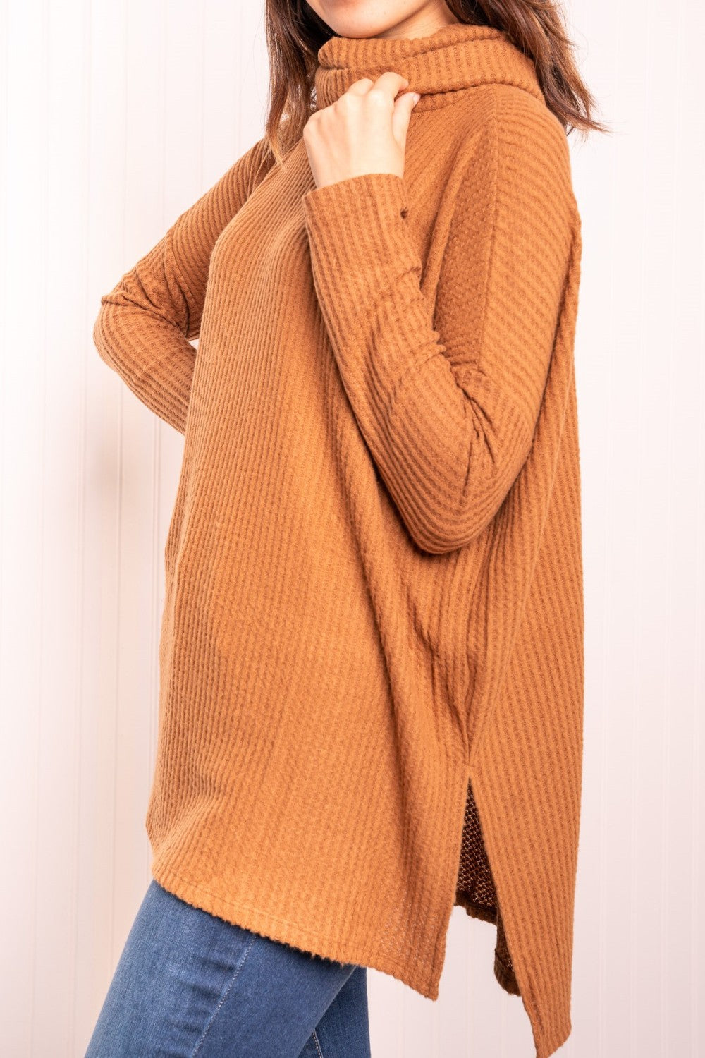 Zenana Full Size Waffle-Knit Side Slit Cowl Neck Knit Pullover in Deep Camel Elsy Style Tops