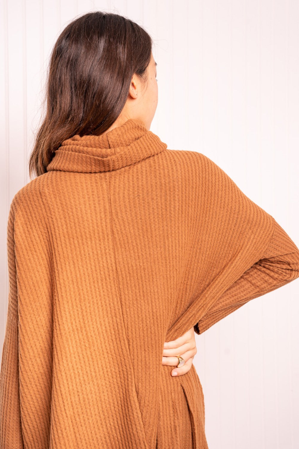 Zenana Full Size Waffle-Knit Side Slit Cowl Neck Knit Pullover in Deep Camel Elsy Style Tops