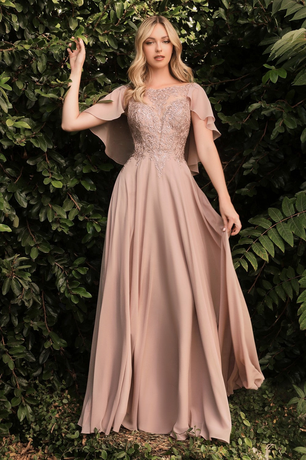 A-line Chiffon Prom & Ball Gown Caplet Detail Embroidered Bodice Floral Appliqué Vintage Retro Style CDHT101-26