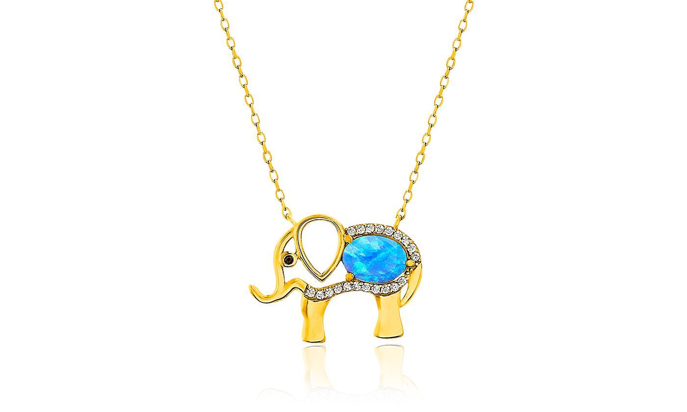 Opal Created Elephant Necklace with  Crystals 18" -  Gold-0