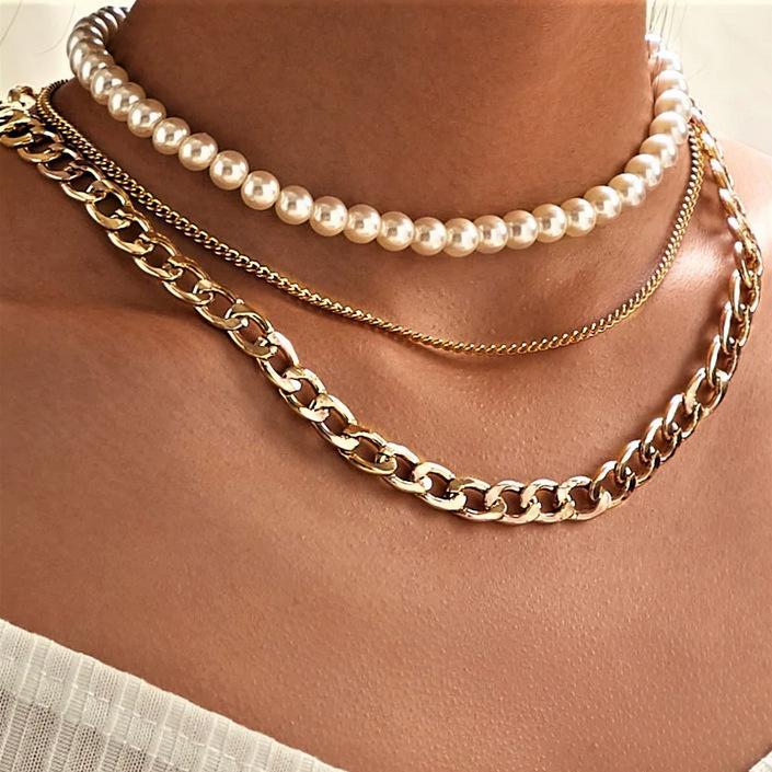 Pearl and Curb 3 Piece Layer 18K Gold Plated Necklace in 18K Gold Plated ITALY Design-0