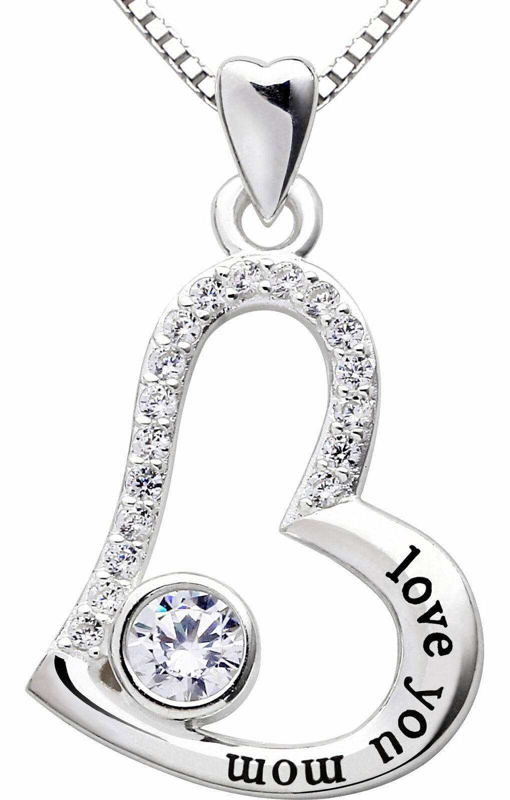 "I Love you MOM" Heart Necklace Embellished with  Crystals in 18K White Gold Plated-3