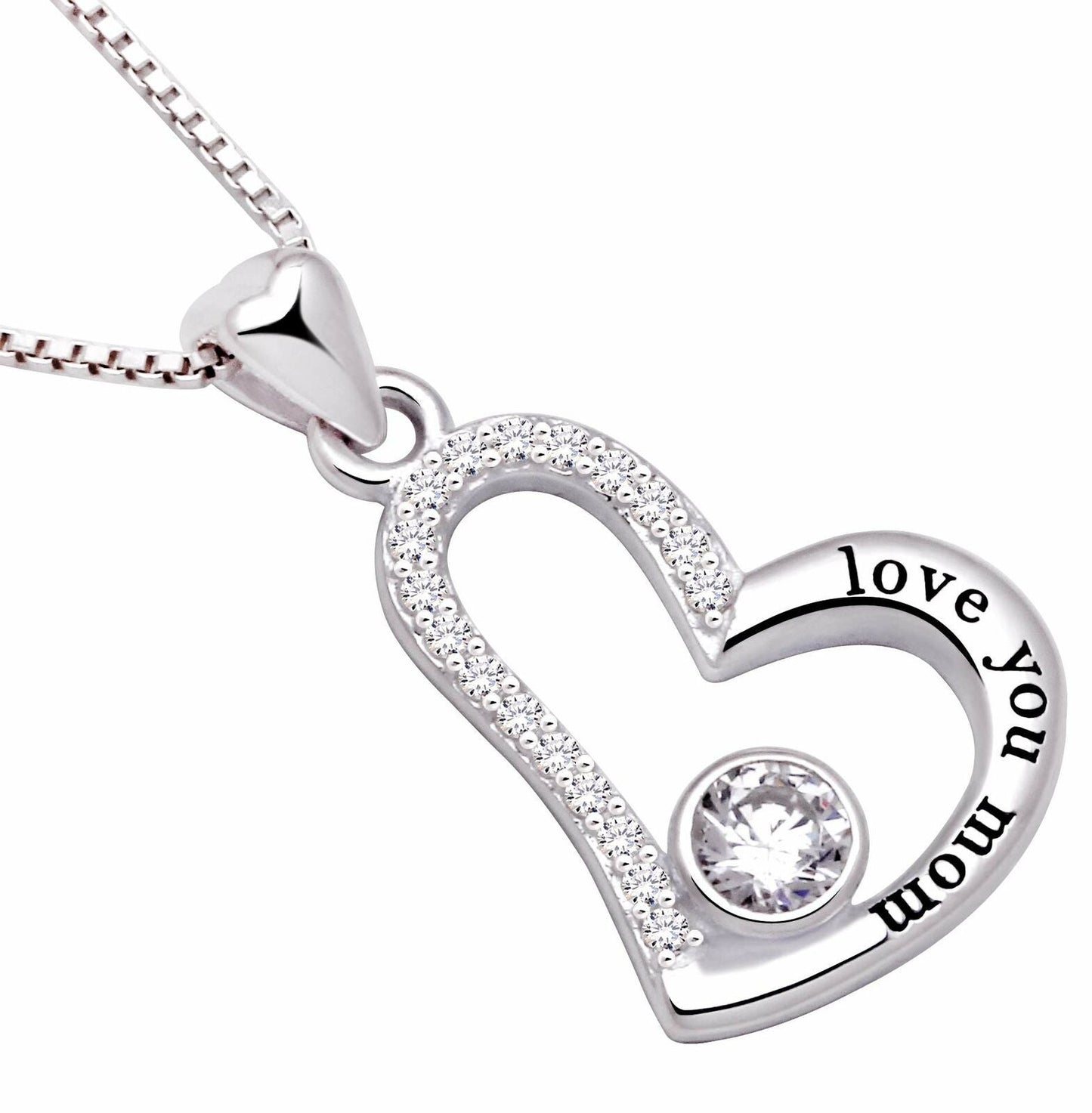 "I Love you MOM" Heart Necklace Embellished with  Crystals in 18K White Gold Plated-4