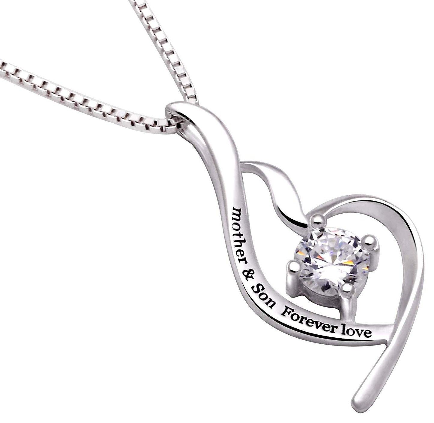 "Mother & Son Forever Love" Heart Necklace Embellished with  Crystals in 18K White Gold Plated-0