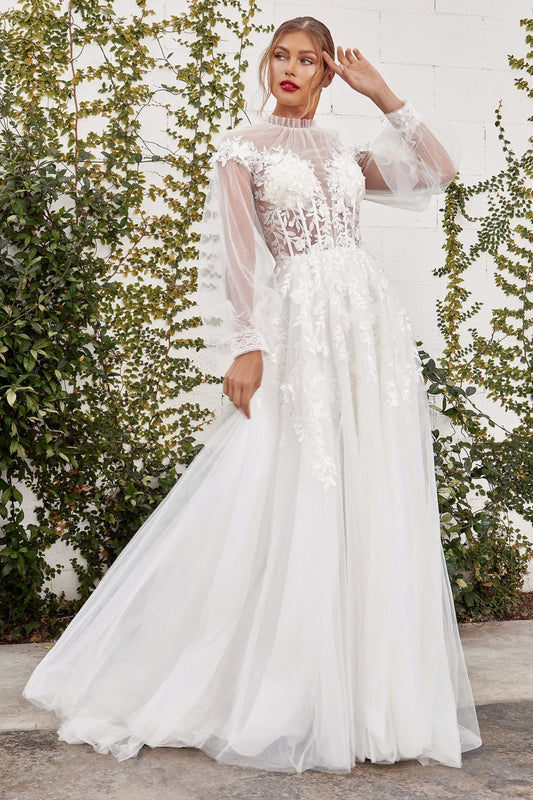 Kate Wedding Long Sleeves Gown Sheer Boho Appliqué Bodice Modern Elegant Bridal Style A-line Comfortable Fit CDA1074W-0