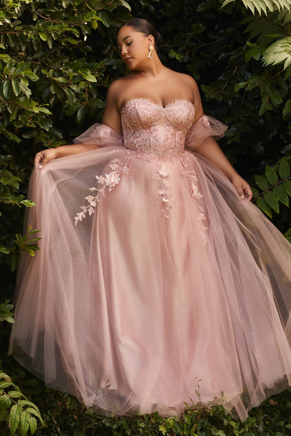 Strapless Tulle Ball & Prom Plus Size Gown Structured Embroidered Sequin Appliqué Corset Floral Vintage Dress A-line Skirt CDCD0191C-1