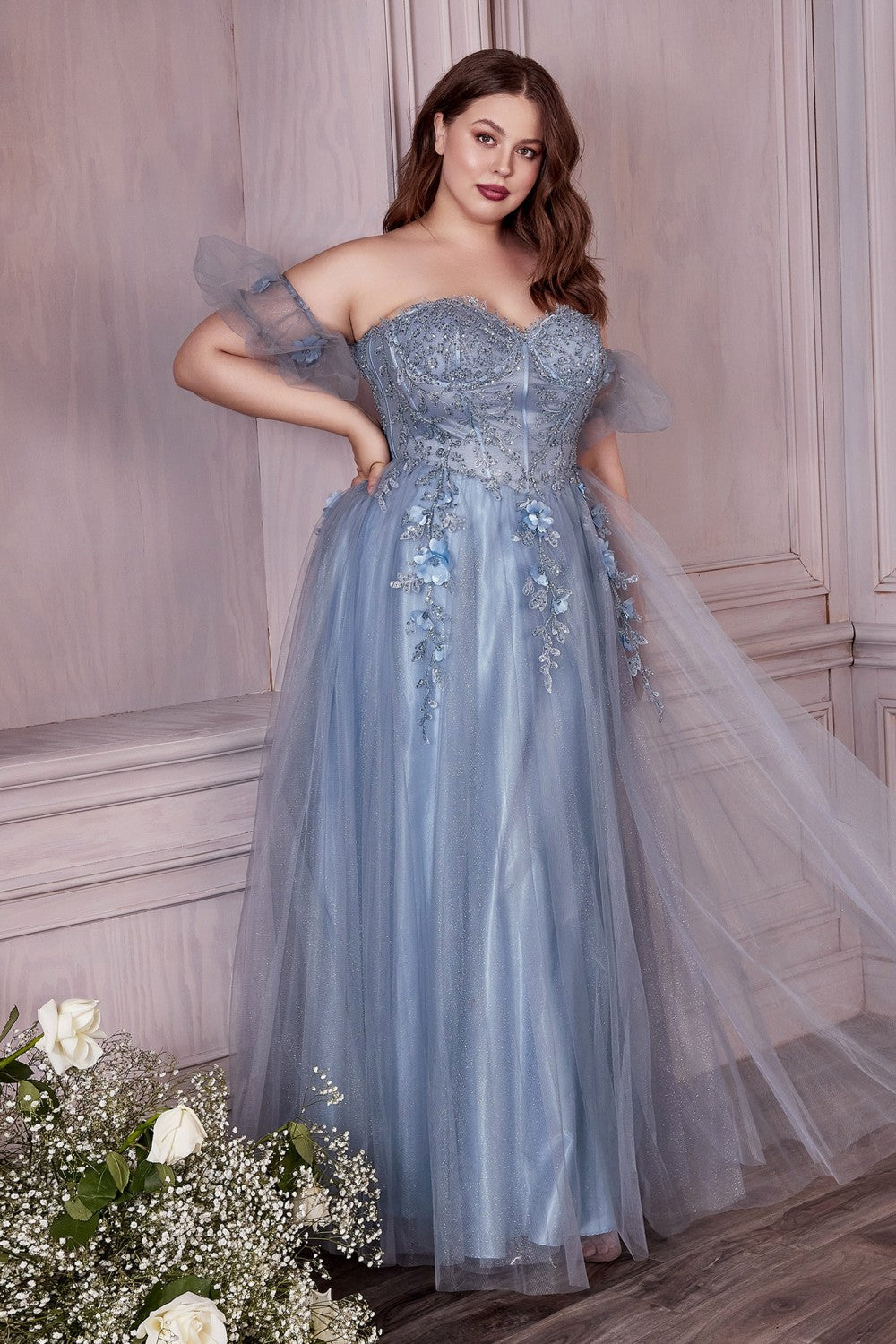 Strapless Tulle Ball & Prom Plus Size Gown Structured Embroidered Sequin Appliqué Corset Floral Vintage Dress A-line Skirt CDCD0191C-5