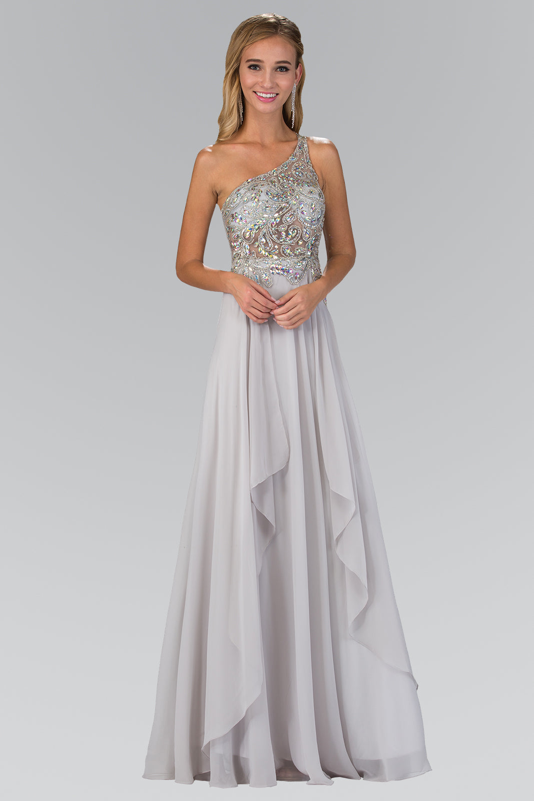 One Shoulder Chiffon Long Dress with Bead and Jewel Embellished Bodice GLGL1128-0