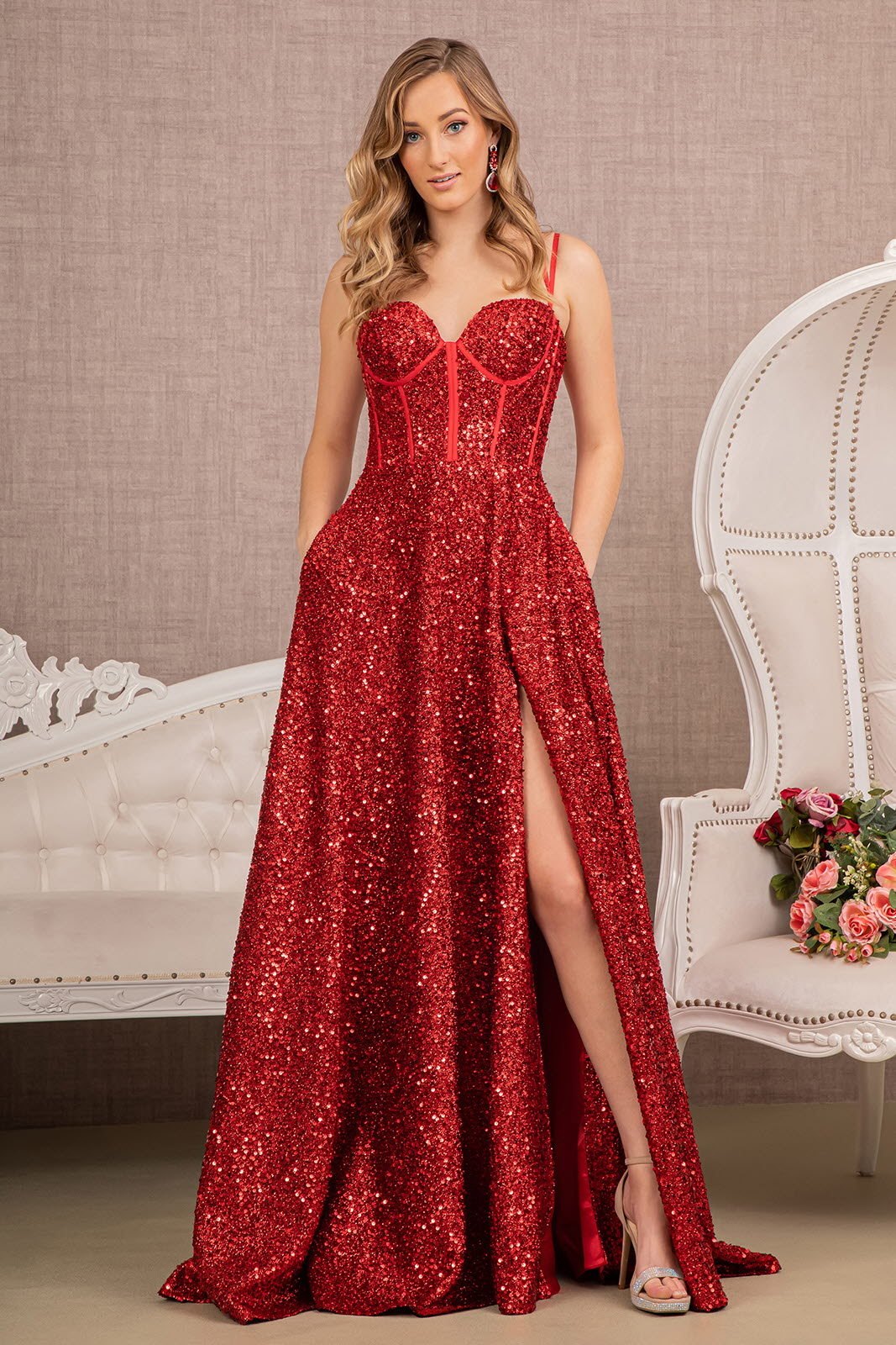 Sequin Lace-up Back Sweetheart A-line Dress Side Slit GLGL3132-0